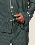 Model is wearing William Printed TENCEL™ Modal Long PJ Set  in Duo Stripe Pine/Ivory