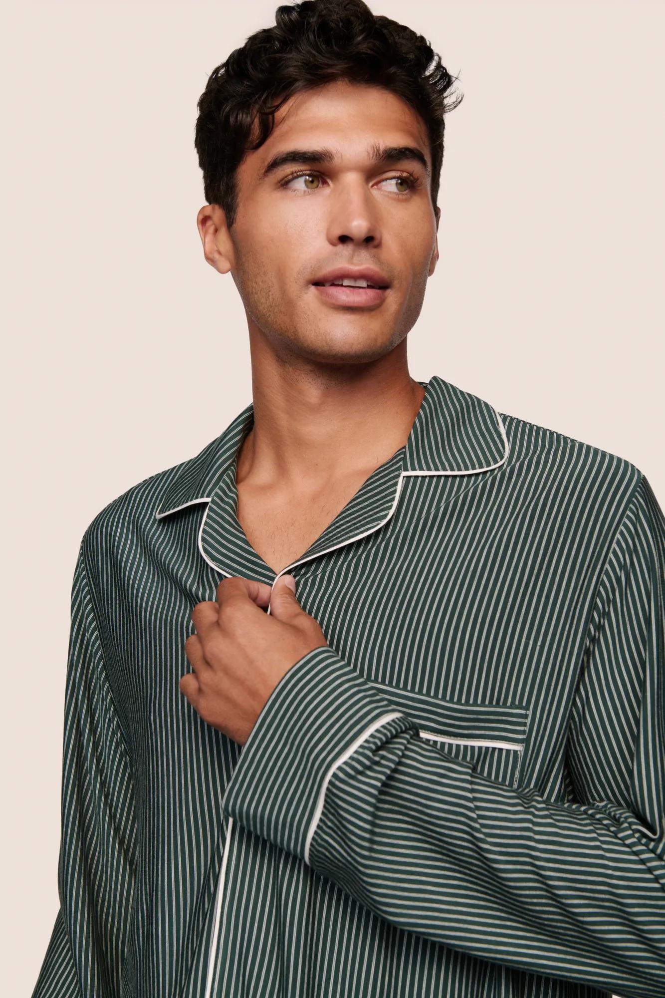 Model is wearing William Printed TENCEL™ Modal Long PJ Set  in Duo Stripe Pine/Ivory