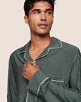 Model is wearing William Printed TENCEL™ Modal Long PJ Set  in Duo Stripe Pine/Ivory