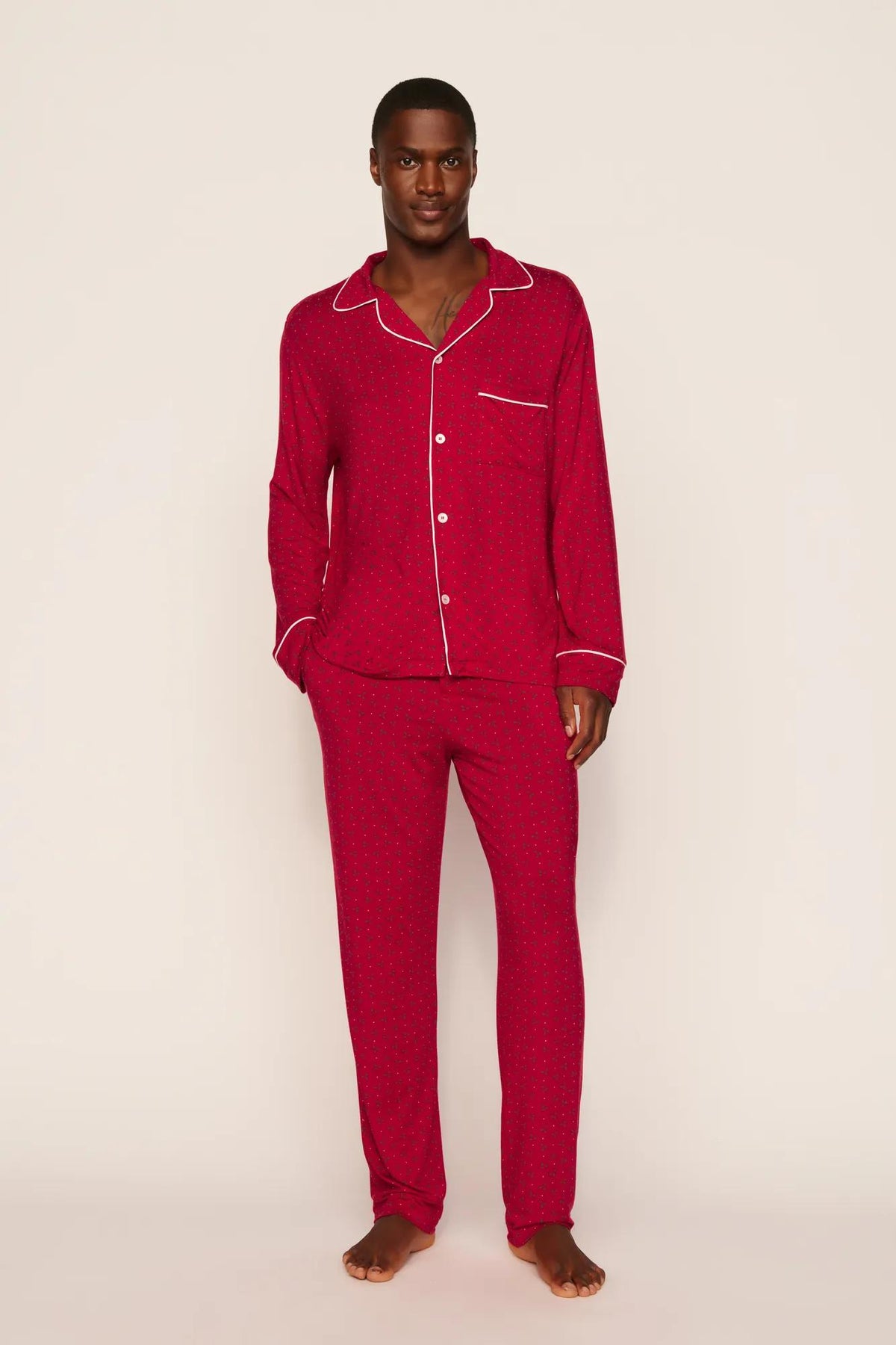 Model is wearing William Printed TENCEL™ Modal Long PJ Set in Hollyberry Holly Red/Ivory