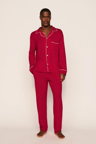 Model is wearing William Printed TENCEL™ Modal Long PJ Set in Hollyberry Holly Red/Ivory