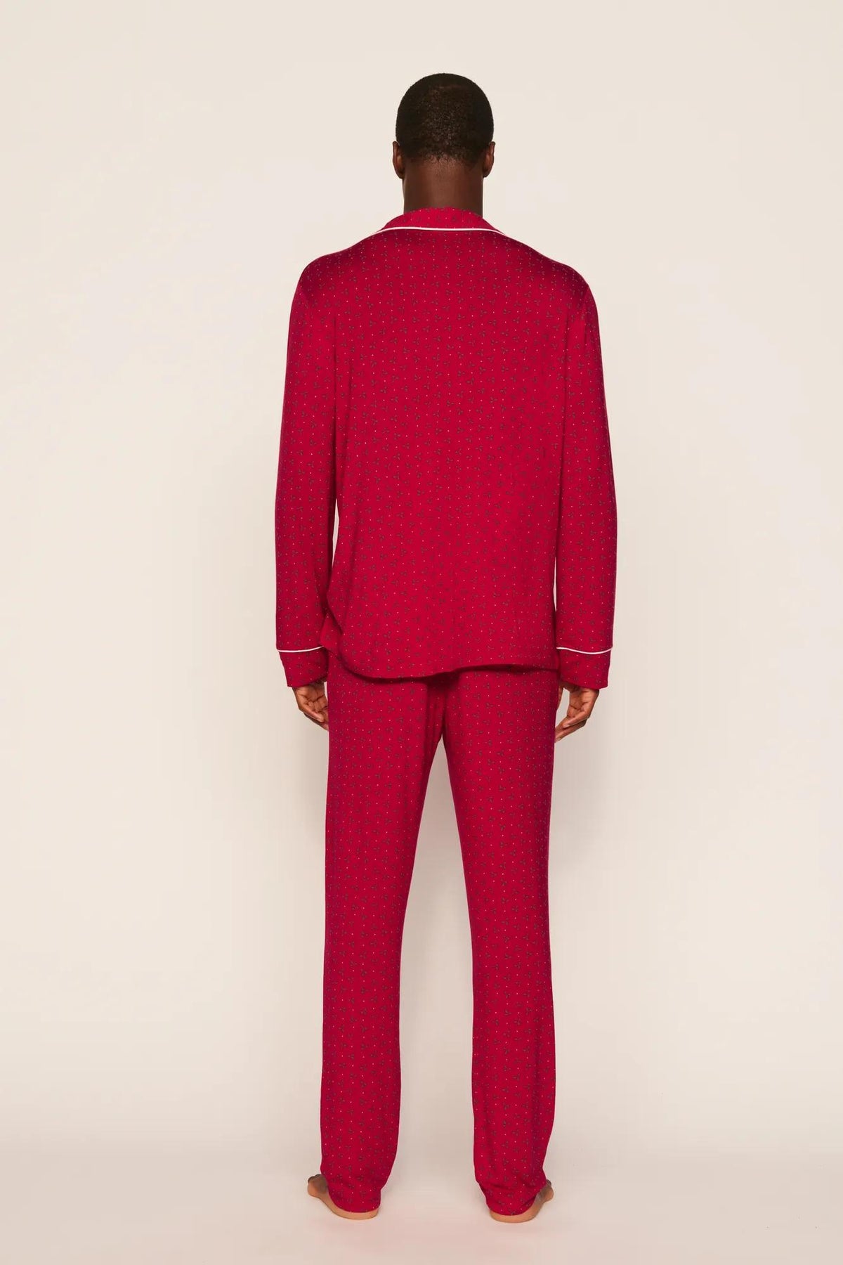 Model is wearing William Printed TENCEL™ Modal Long PJ Set in Hollyberry Holly Red/Ivory