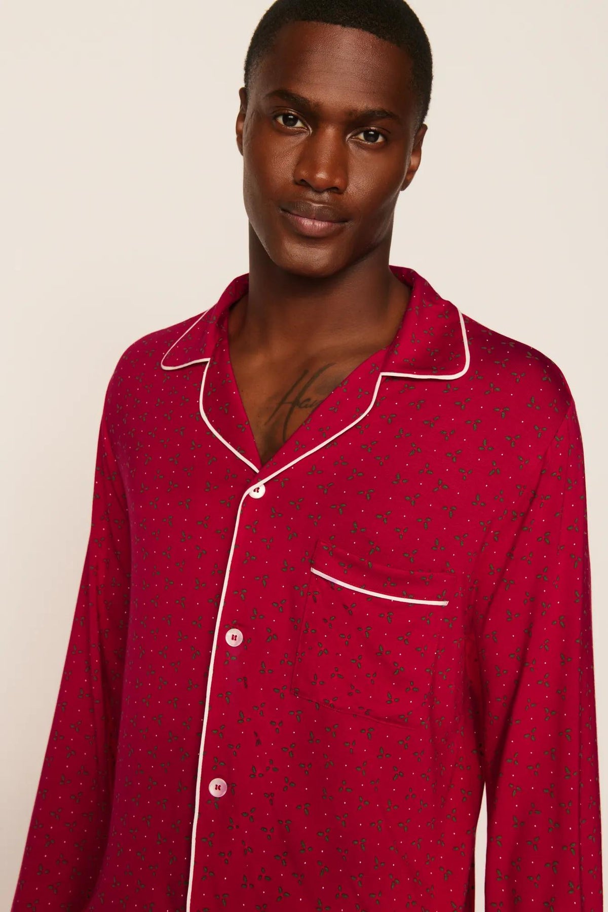 Model is wearing William Printed TENCEL™ Modal Long PJ Set in Hollyberry Holly Red/Ivory