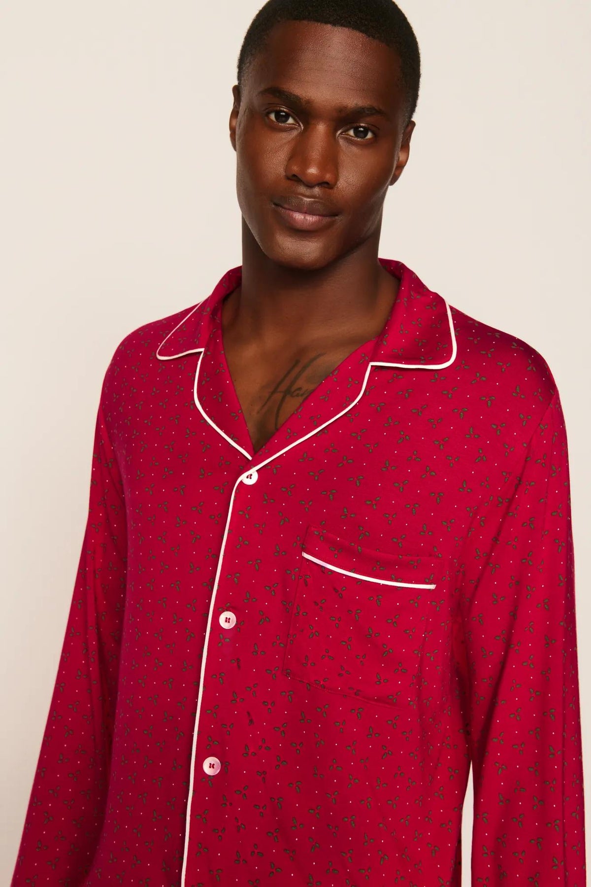 Model is wearing William Printed TENCEL™ Modal Long PJ Set in Hollyberry Holly Red/Ivory