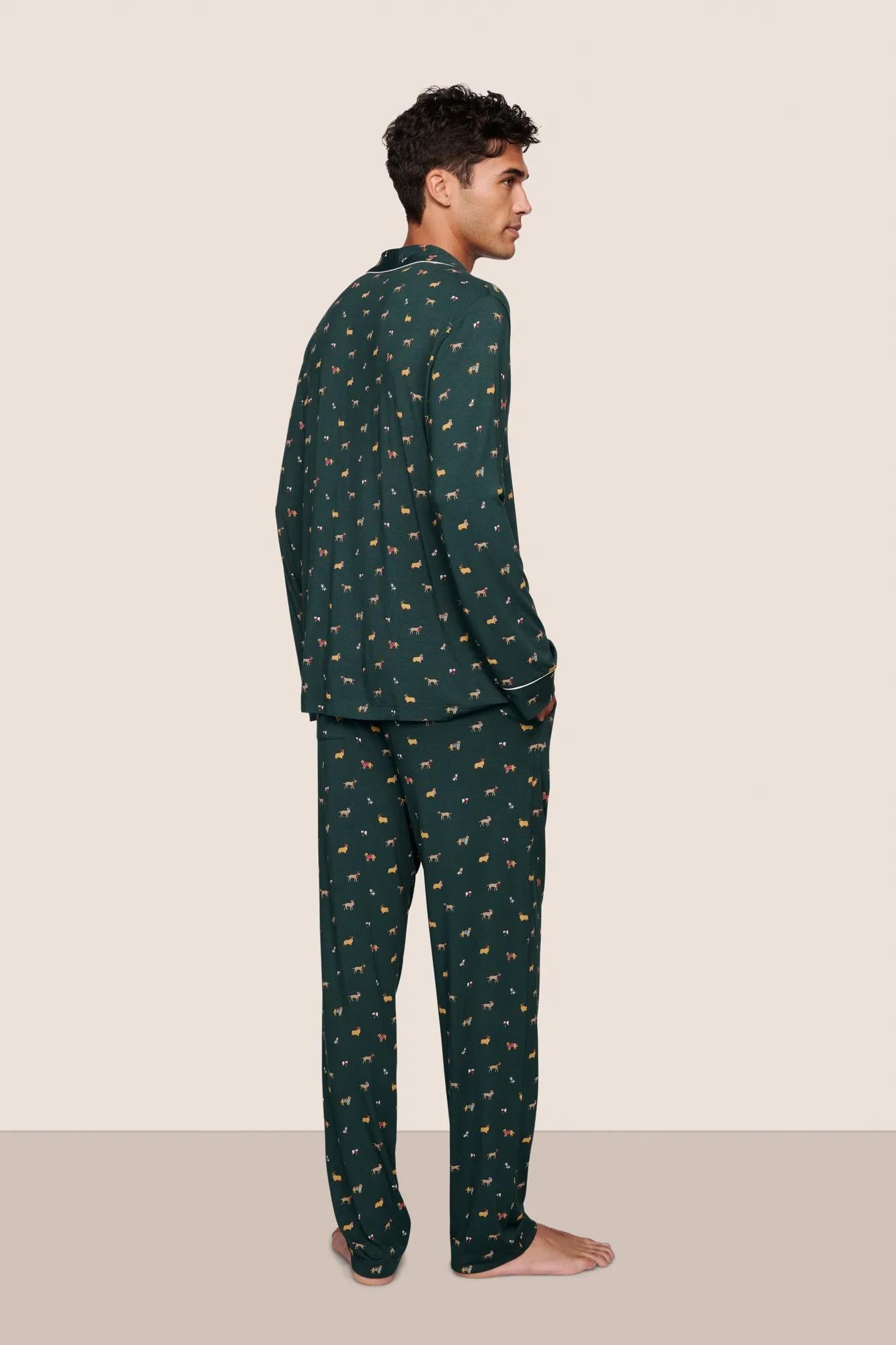 Model is wearing William Printed TENCEL™ Modal Long PJ Set  in Holiday Dogs Pine/Ivory