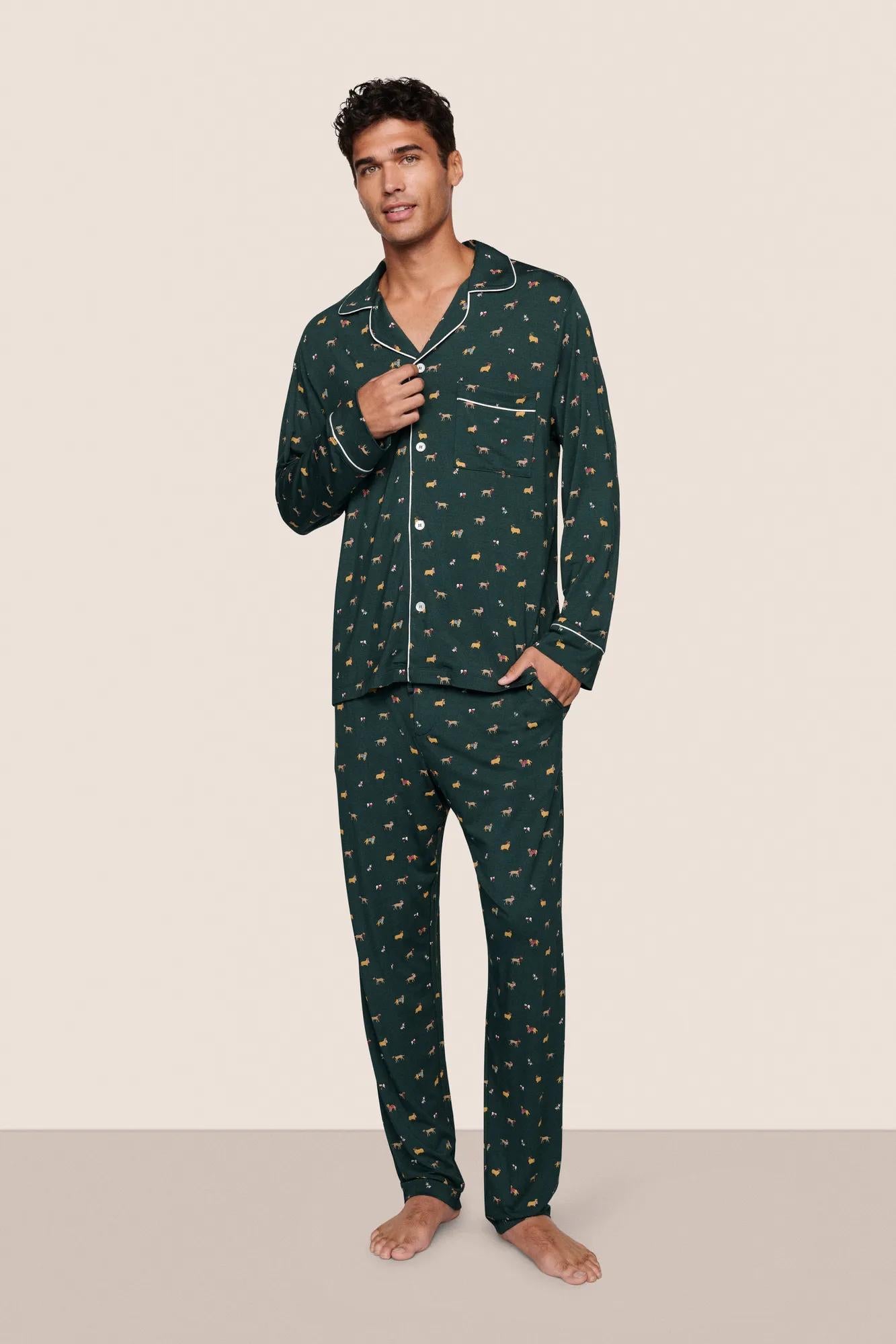 Model is wearing William Printed TENCEL™ Modal Long PJ Set  in Holiday Dogs Pine/Ivory