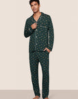 Model is wearing William Printed TENCEL™ Modal Long PJ Set  in Holiday Dogs Pine/Ivory