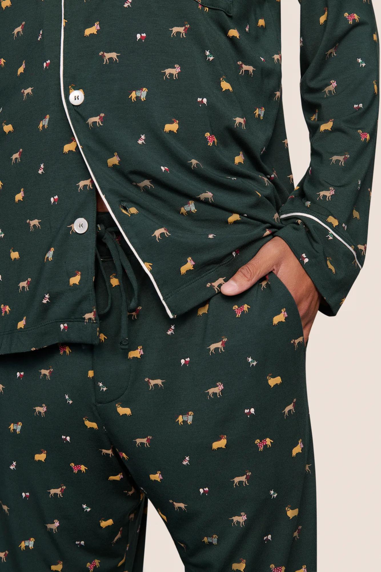 Model is wearing William Printed TENCEL™ Modal Long PJ Set  in Holiday Dogs Pine/Ivory