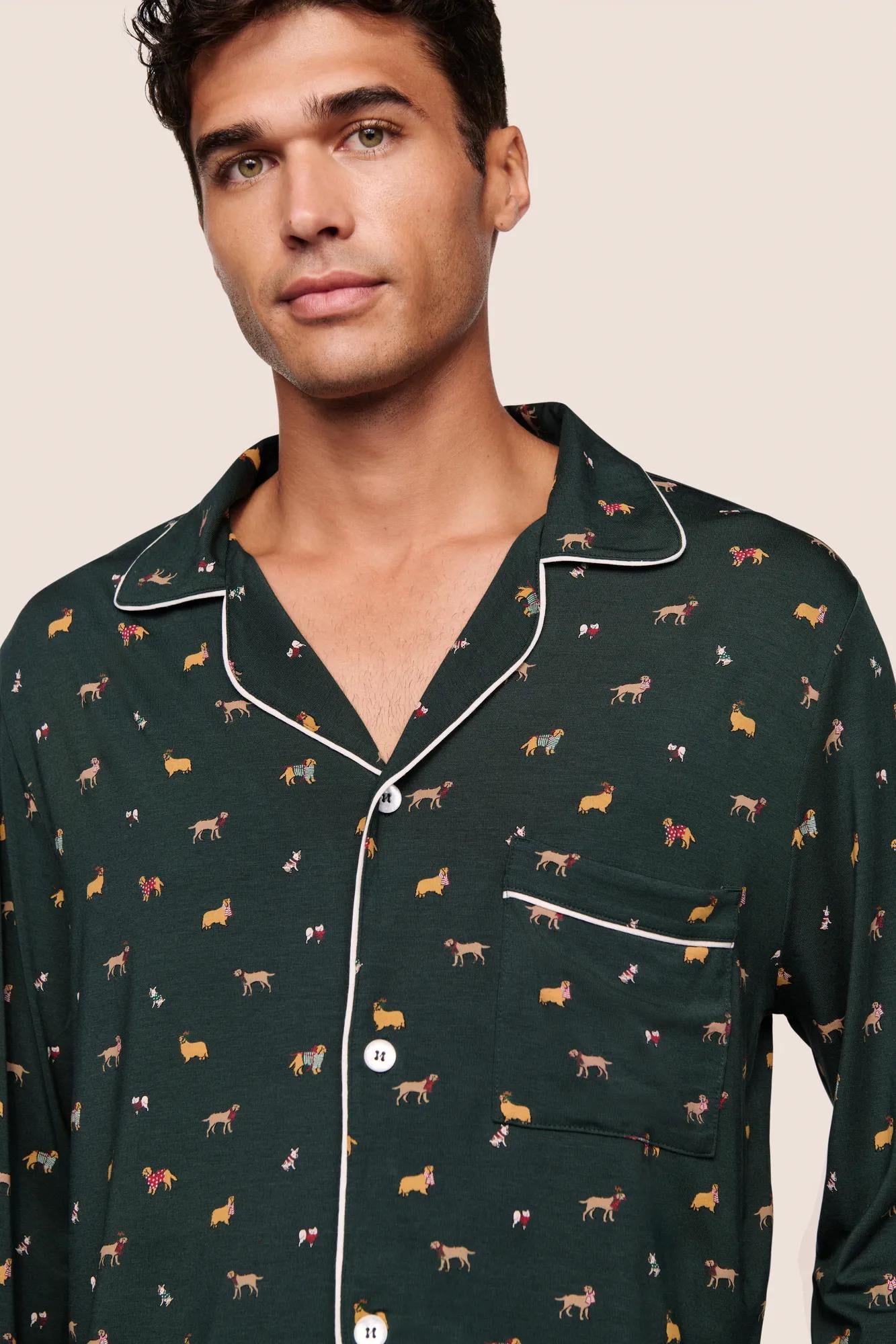 Model is wearing William Printed TENCEL™ Modal Long PJ Set  in Holiday Dogs Pine/Ivory