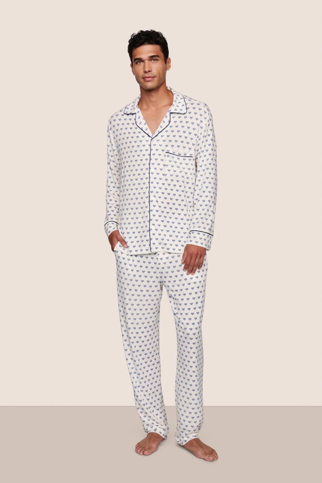 Model is wearing William Printed TENCEL™ Modal Long PJ Set  in Hannukah Glow Nouvean Navy/Ny