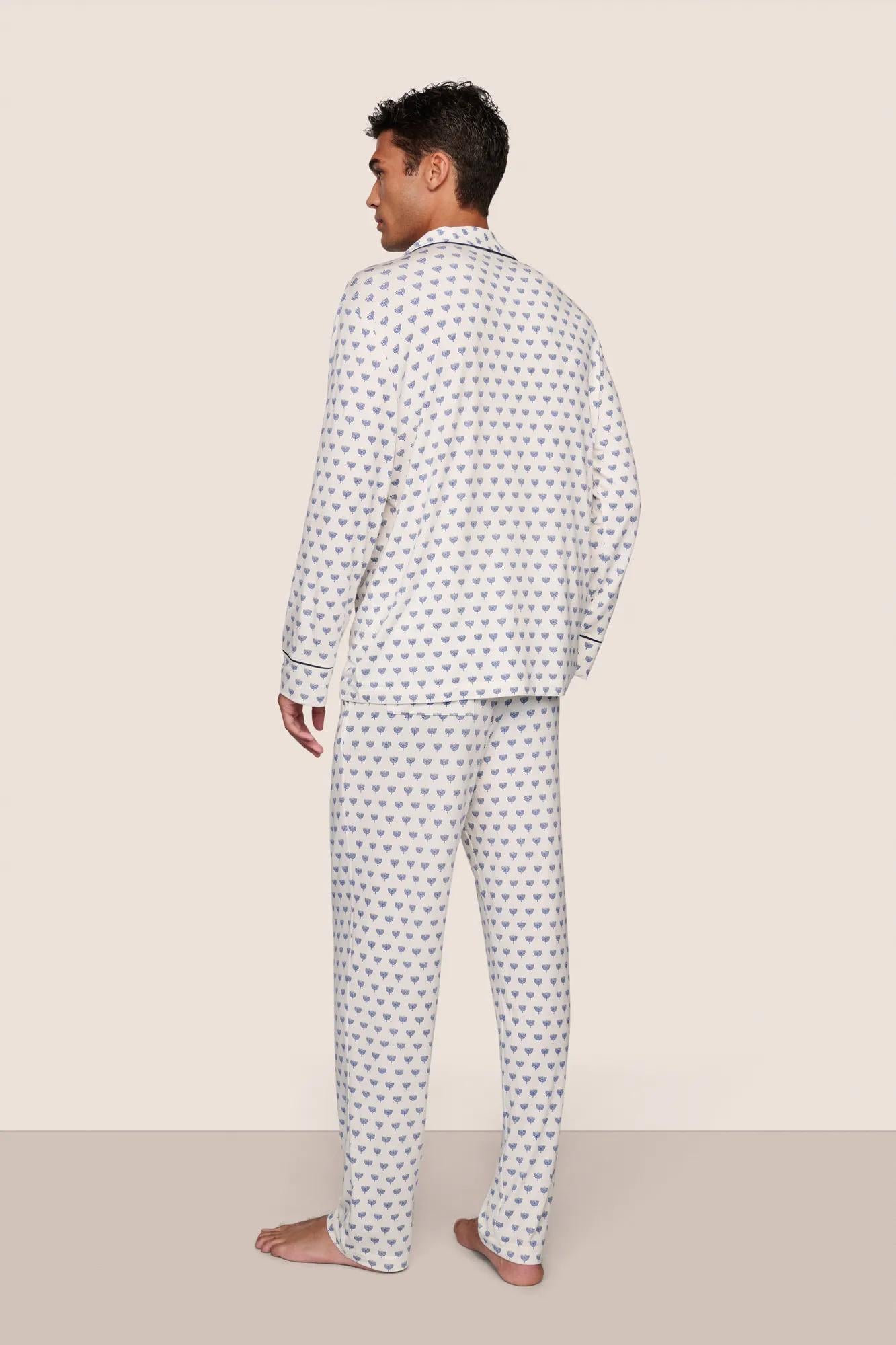Model is wearing William Printed TENCEL™ Modal Long PJ Set  in Hannukah Glow Nouvean Navy/Ny