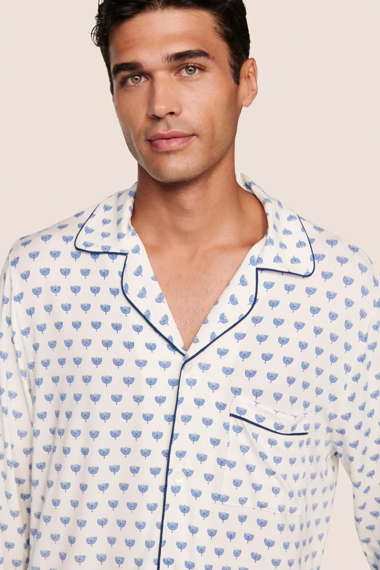 Model is wearing William Printed TENCEL™ Modal Long PJ Set  in Hannukah Glow Nouvean Navy/Ny