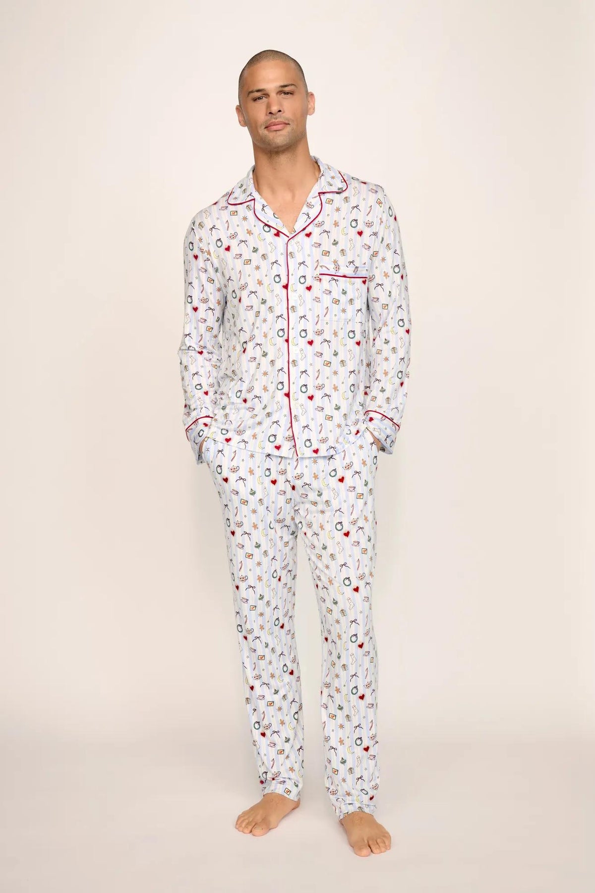 Model is wearing William Printed TENCEL™ Modal Long PJ Set in Nordic Nights Lightblue/Deepcl
