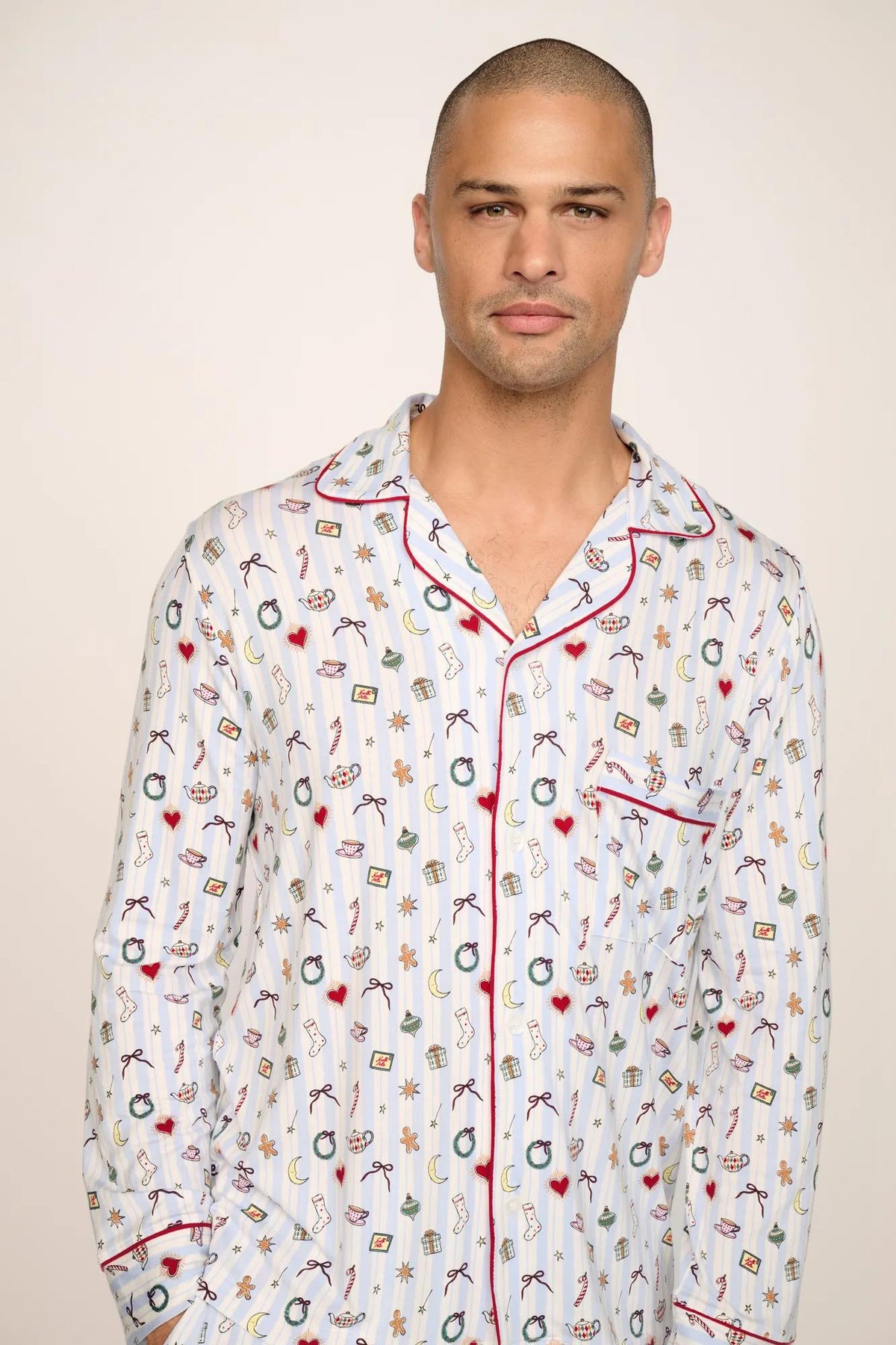 Model is wearing William Printed TENCEL™ Modal Long PJ Set in Nordic Nights Lightblue/Deepcl