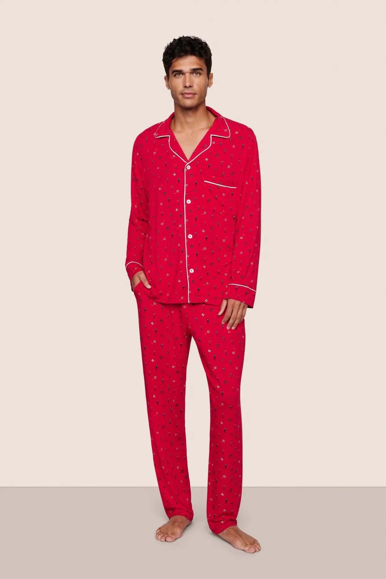 Model is wearing William Printed TENCEL™ Modal Long PJ Set  in Nutcracker Holly Red/Ivory