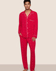 Model is wearing William Printed TENCEL™ Modal Long PJ Set  in Nutcracker Holly Red/Ivory