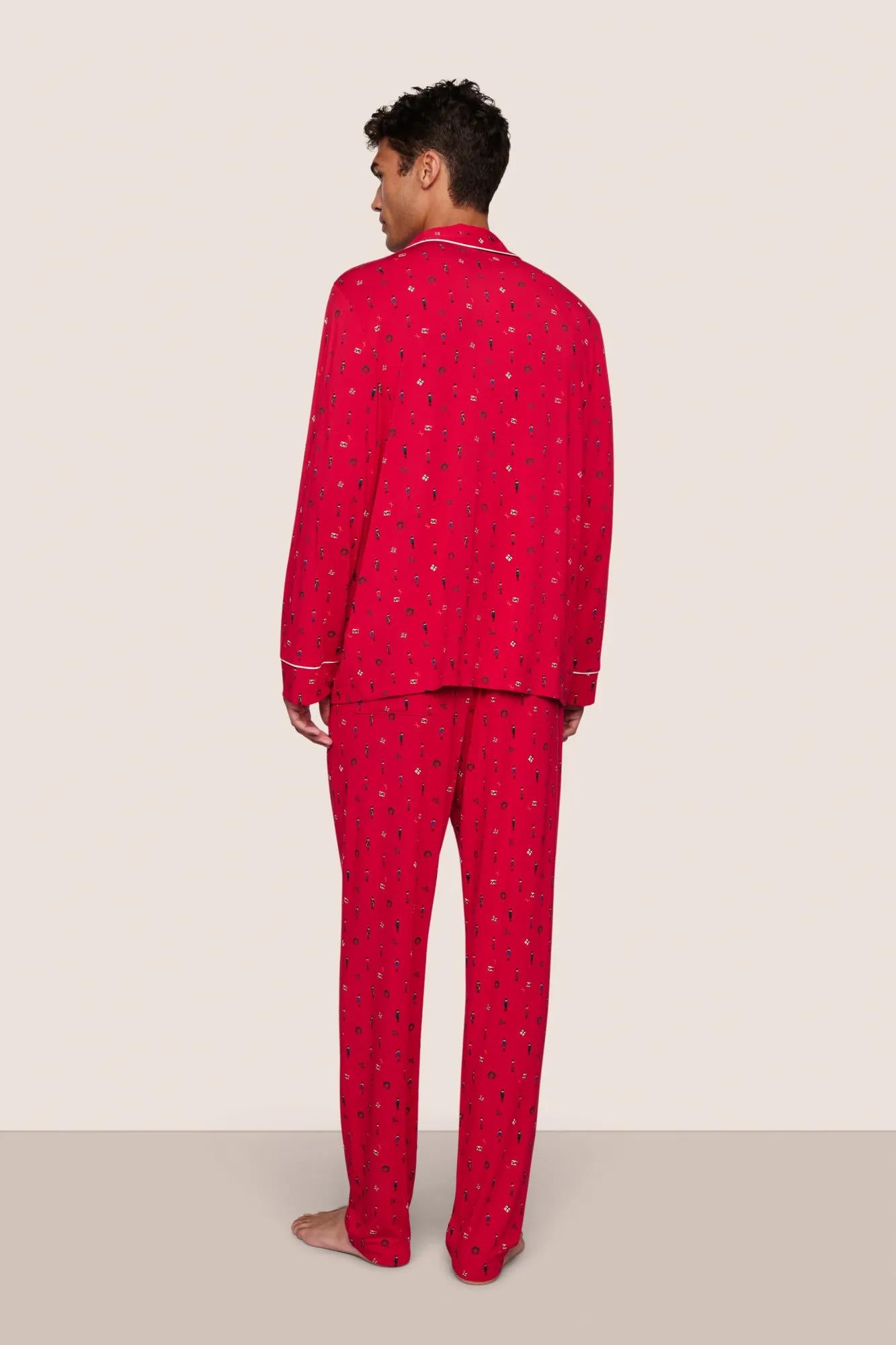 Model is wearing William Printed TENCEL™ Modal Long PJ Set  in Nutcracker Holly Red/Ivory