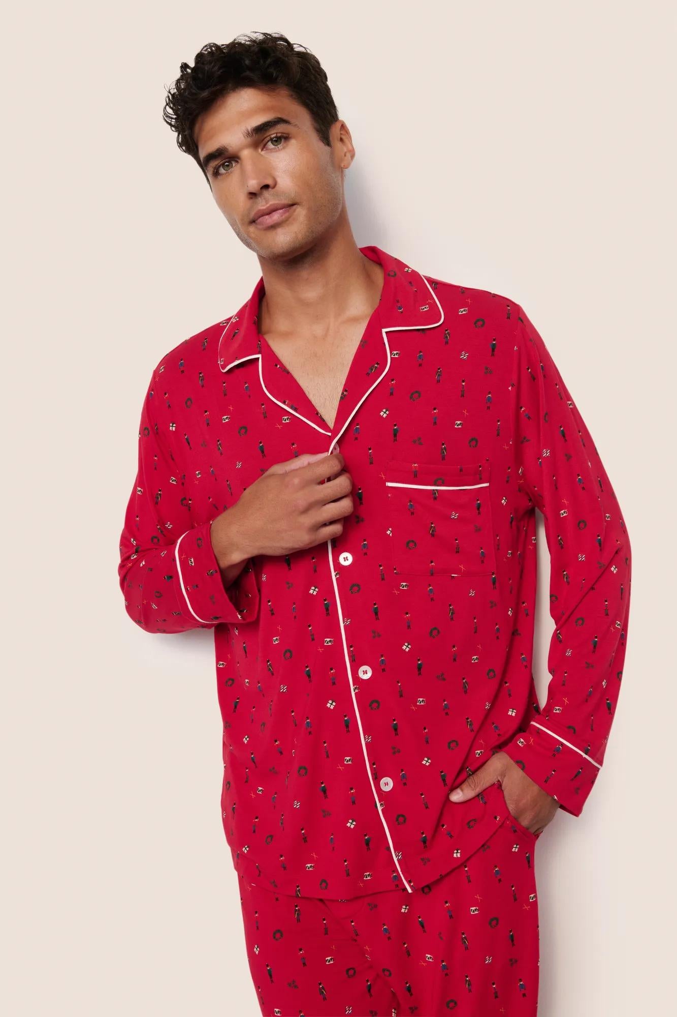 Model is wearing William Printed TENCEL™ Modal Long PJ Set  in Nutcracker Holly Red/Ivory