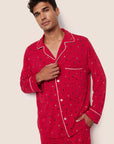 Model is wearing William Printed TENCEL™ Modal Long PJ Set  in Nutcracker Holly Red/Ivory