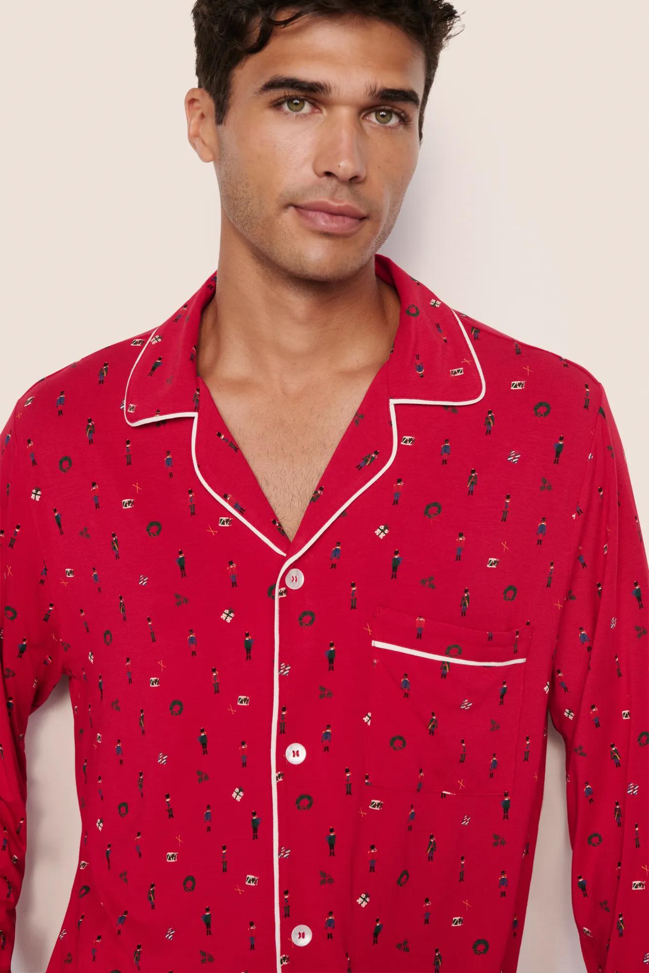 Model is wearing William Printed TENCEL™ Modal Long PJ Set  in Nutcracker Holly Red/Ivory
