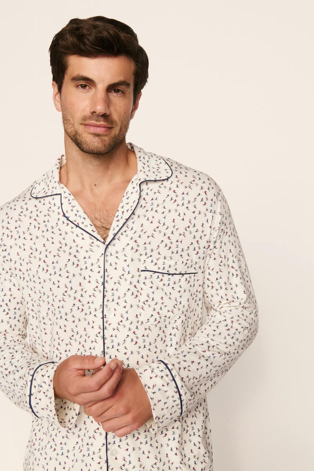 Model is wearing William Printed TENCEL™ Modal Long PJ Set in On The Slopes Ivory/Navy