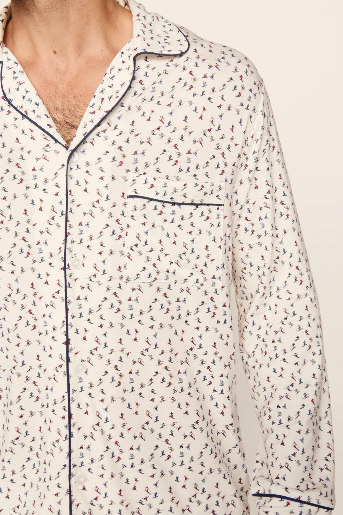 Model is wearing William Printed TENCEL™ Modal Long PJ Set in On The Slopes Ivory/Navy