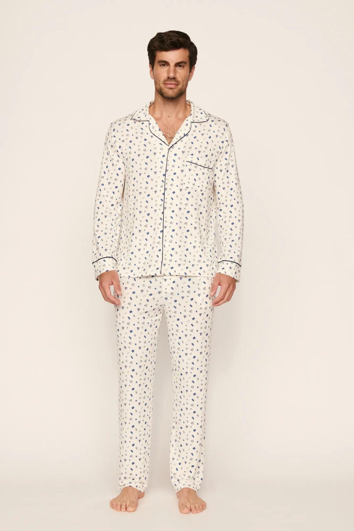 Model is wearing William Printed TENCEL™ Modal Long PJ Set in Twinkling Menorah Ivory/Navy