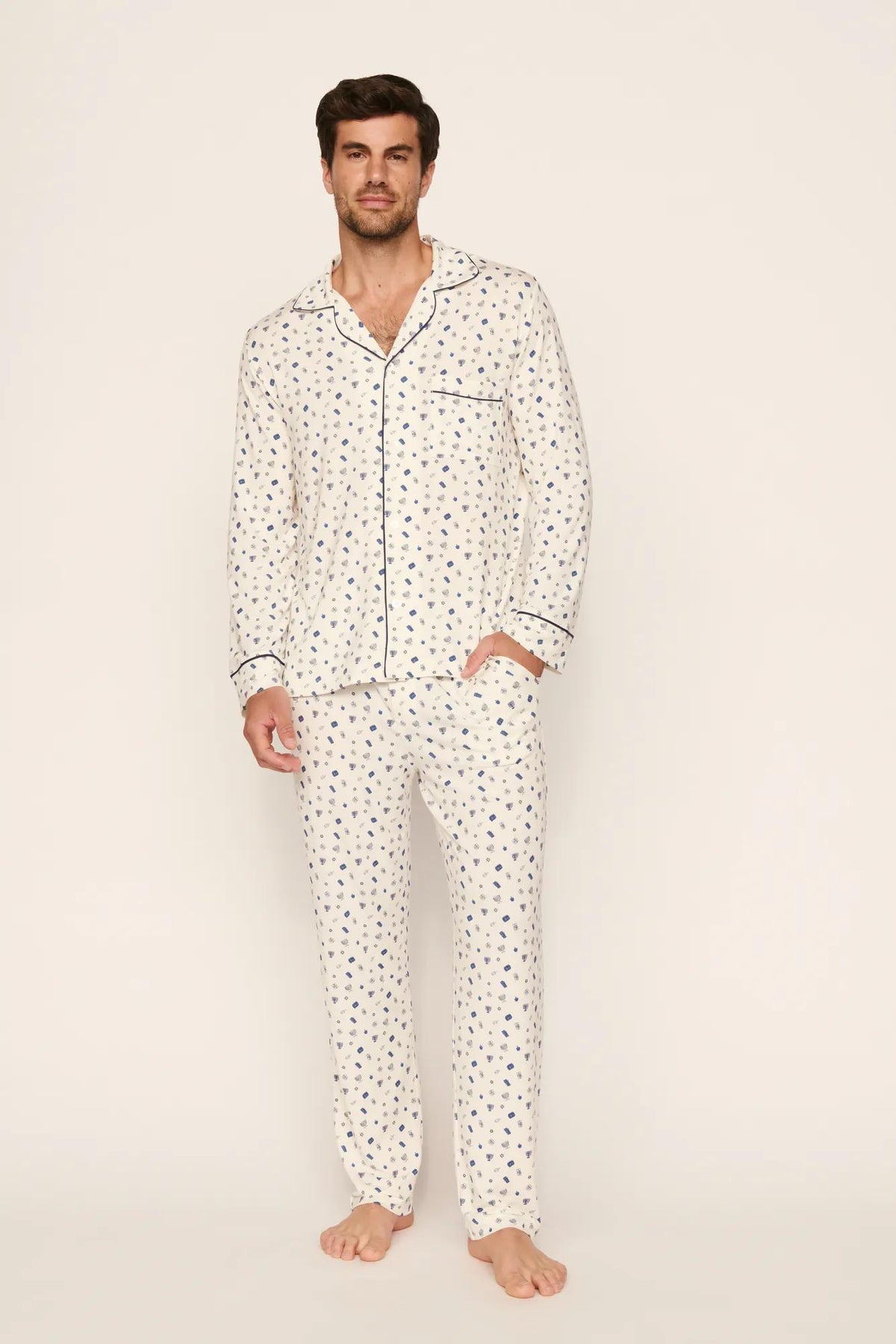 Model is wearing William Printed TENCEL™ Modal Long PJ Set in Twinkling Menorah Ivory/Navy