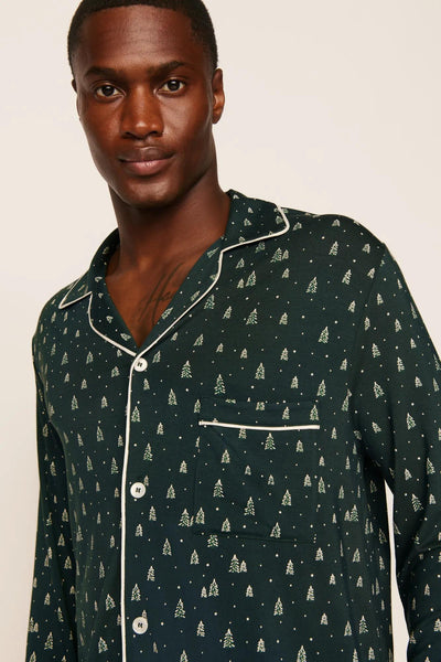 Model is wearing William Printed TENCEL™ Modal Long PJ Set in Winter Pine/Ivory