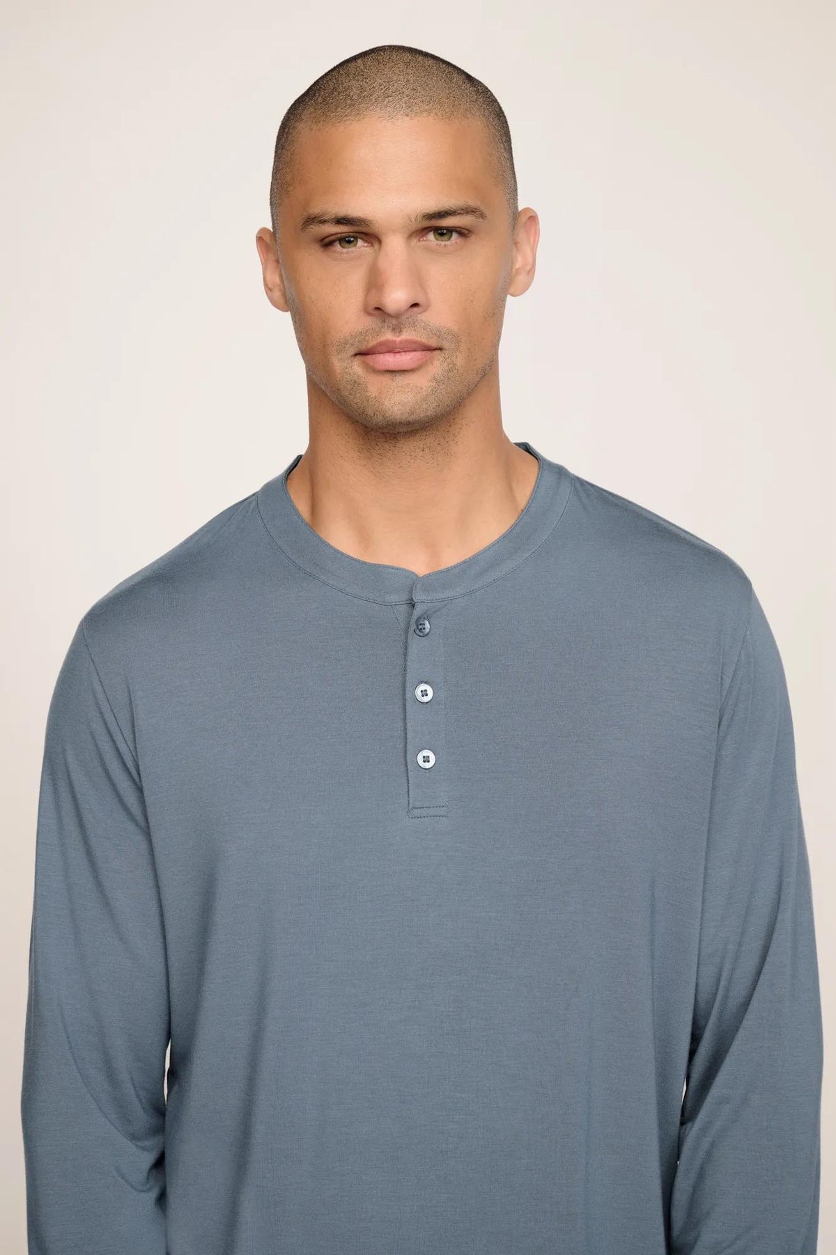 Model is wearing Henry TENCEL™ Modal Long PJ Set in Moonlight Blue