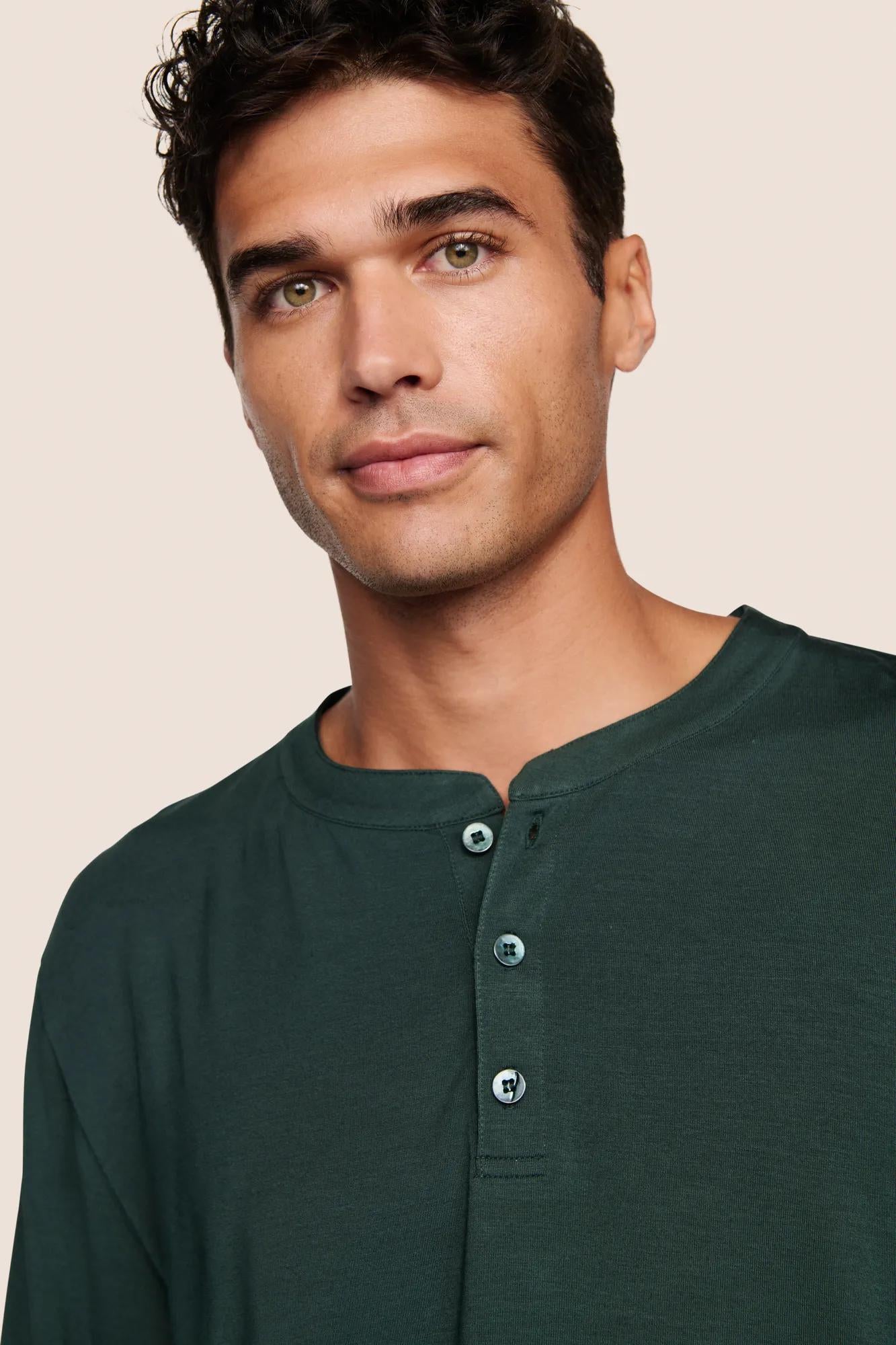 Model is wearing Henry TENCEL™ Modal Long PJ Set  in Pine