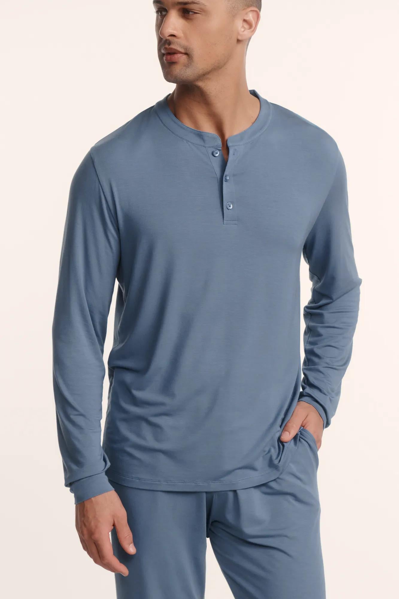 Model is wearing Henry TENCEL™ Modal Short Sleeve & Pant PJ Set in Slate Blue