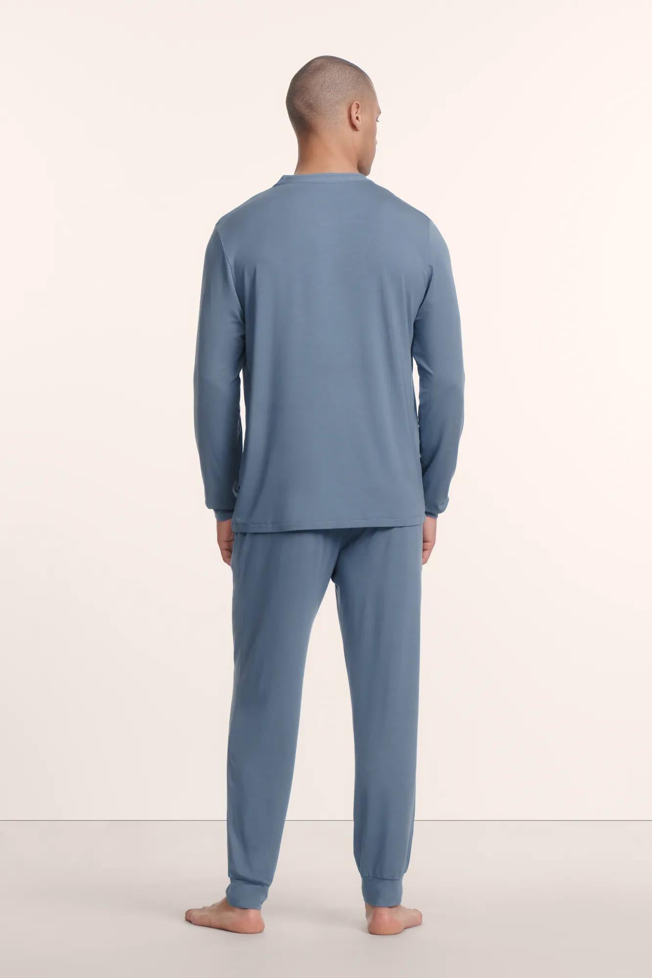 Model is wearing Henry TENCEL™ Modal Short Sleeve & Pant PJ Set in Slate Blue