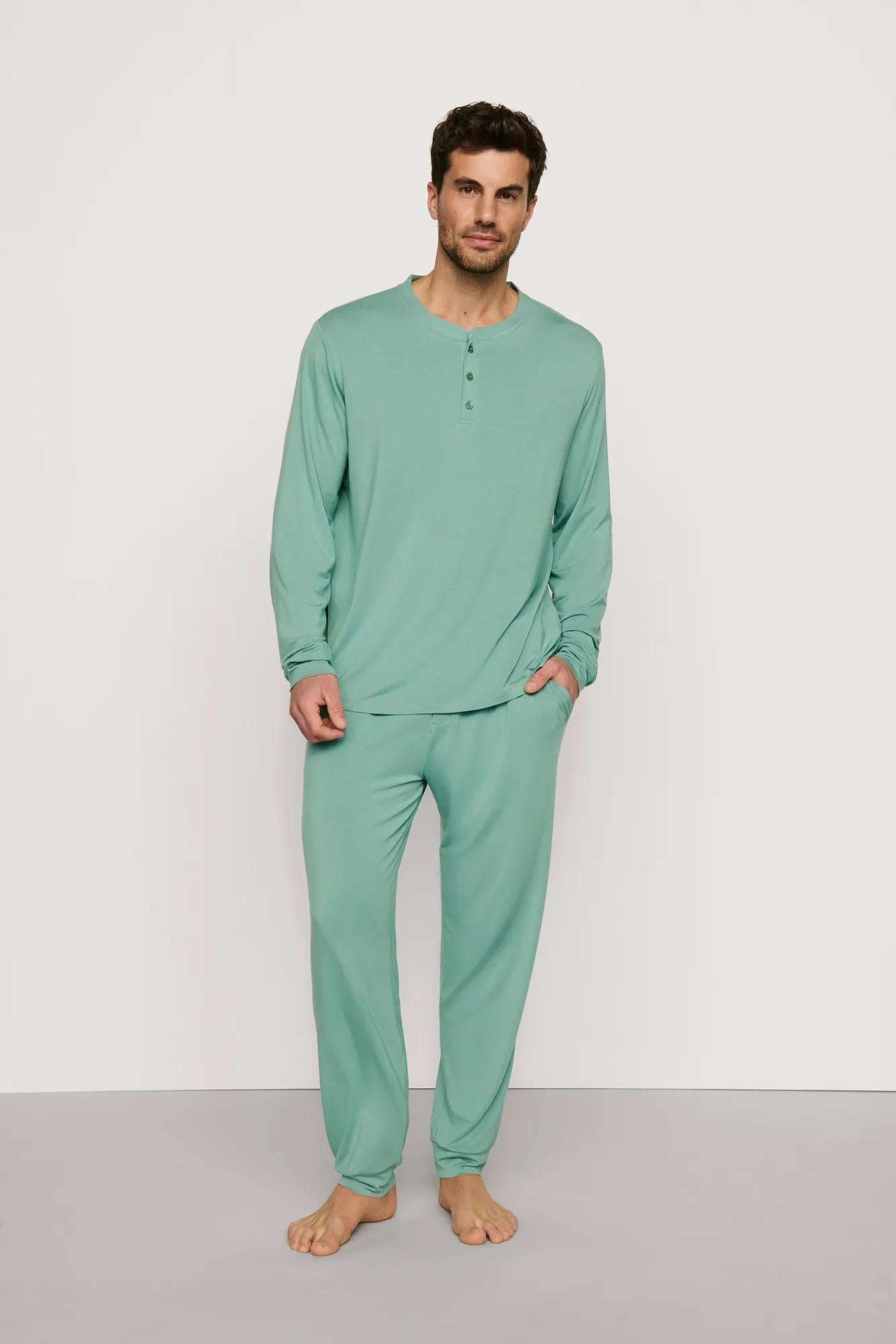Model is wearing Henry TENCEL™ Modal Long PJ Set in Seagrass