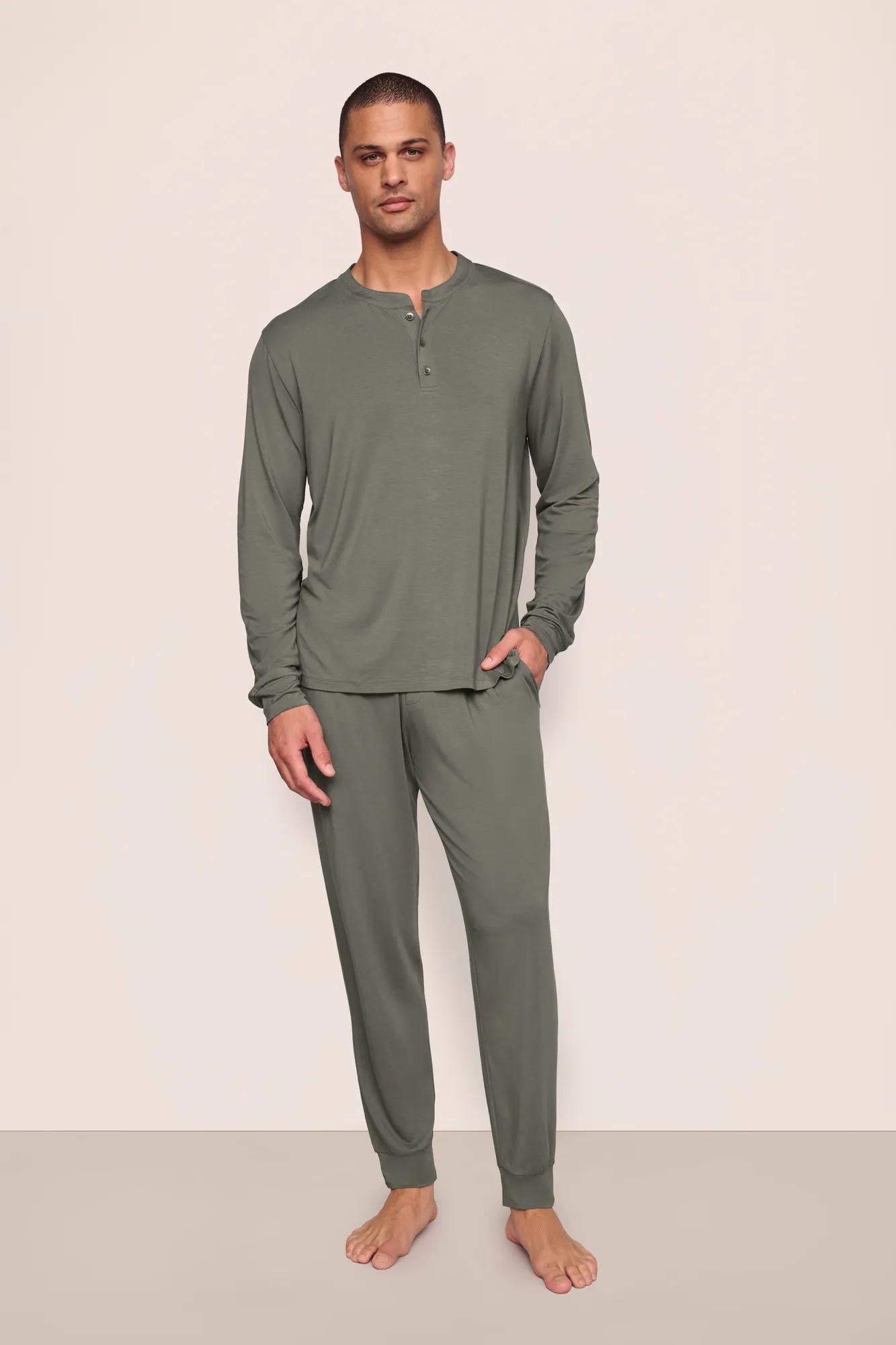 Model is wearing Henry TENCEL™ Modal Long PJ Set  in Smokey Olive