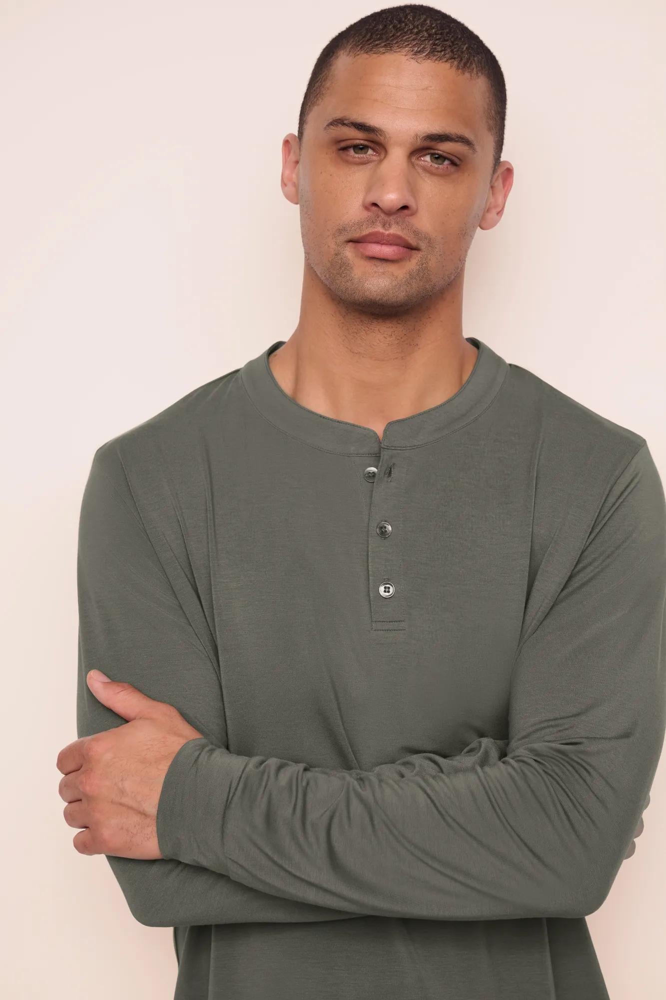 Model is wearing Henry TENCEL™ Modal Long PJ Set  in Smokey Olive