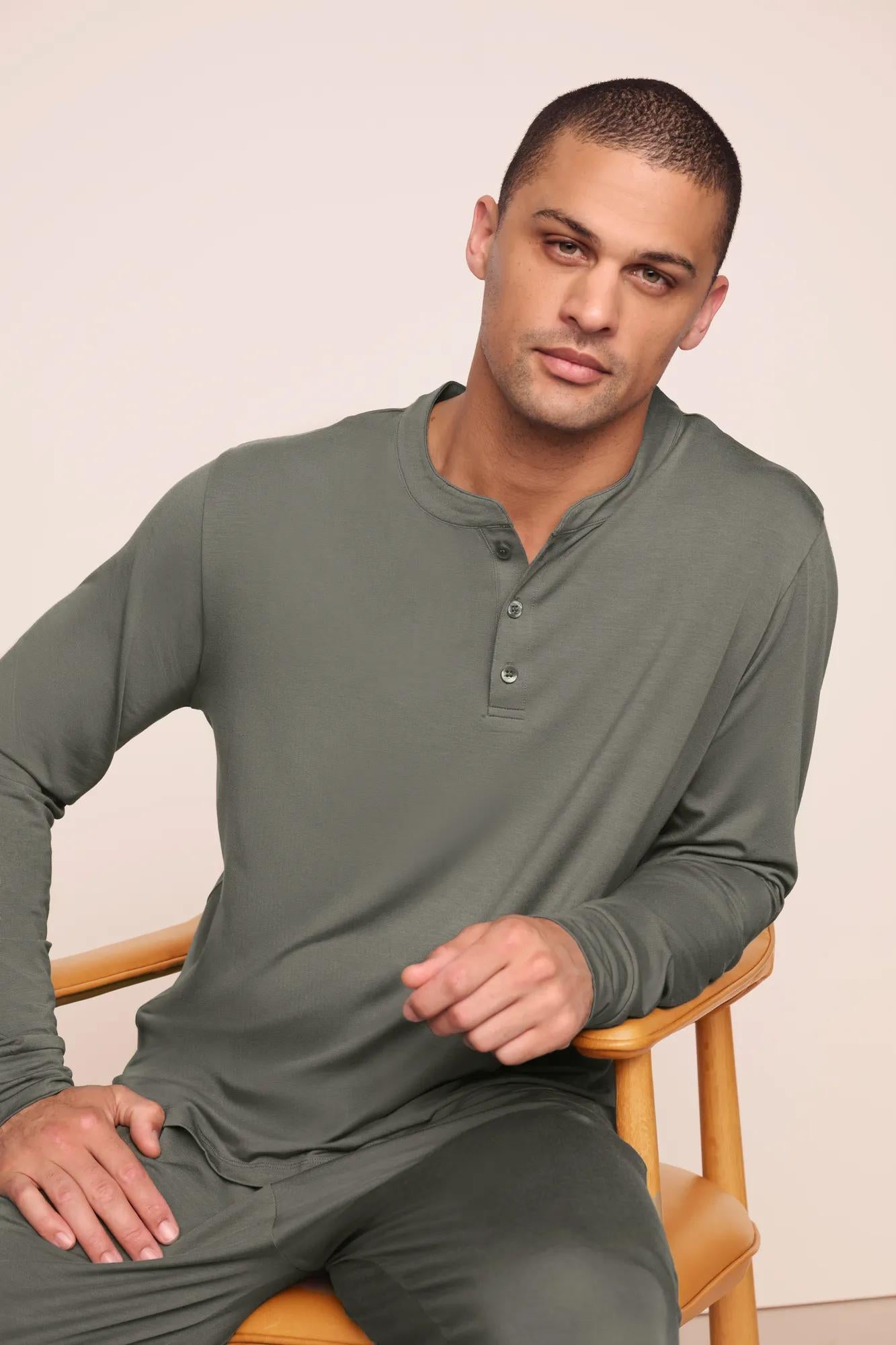 Model is wearing Henry TENCEL™ Modal Long PJ Set  in Smokey Olive