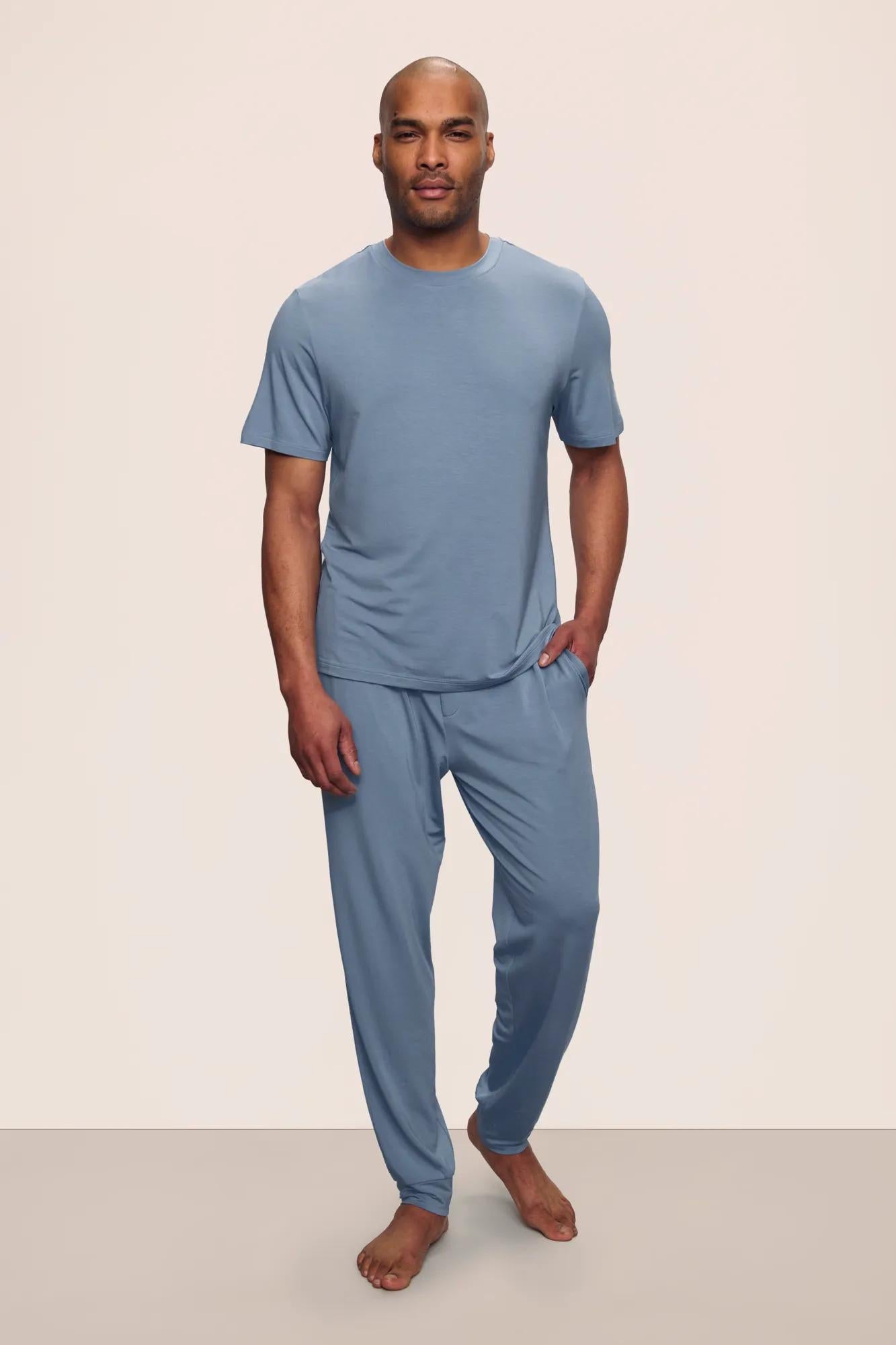 Model is wearing Henry TENCEL™ Modal Short Sleeve Pant PJ Set in Faded Denim