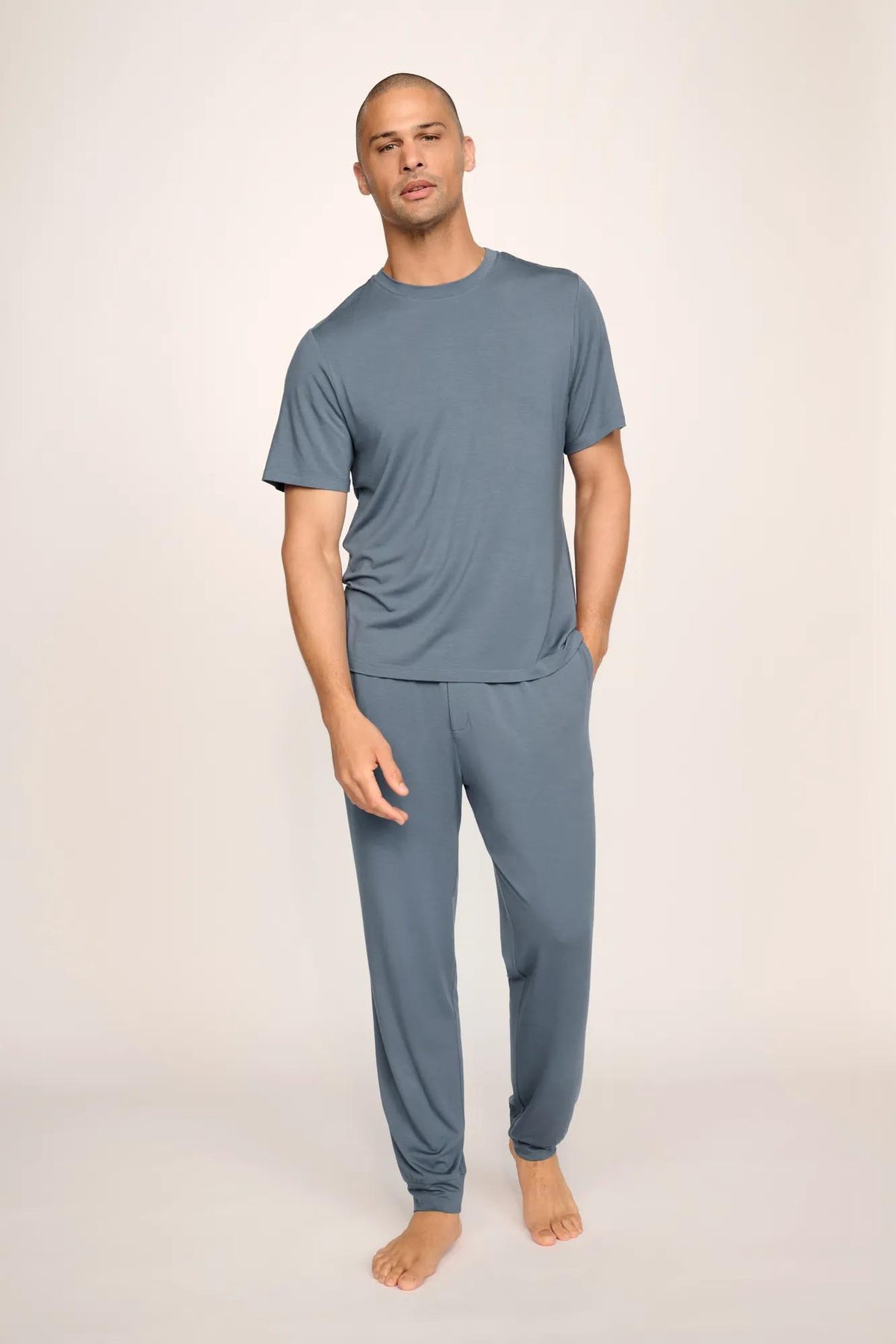 Model is wearing Henry TENCEL™ Modal Short Sleeve & Pant PJ Set in Moonlight Blue