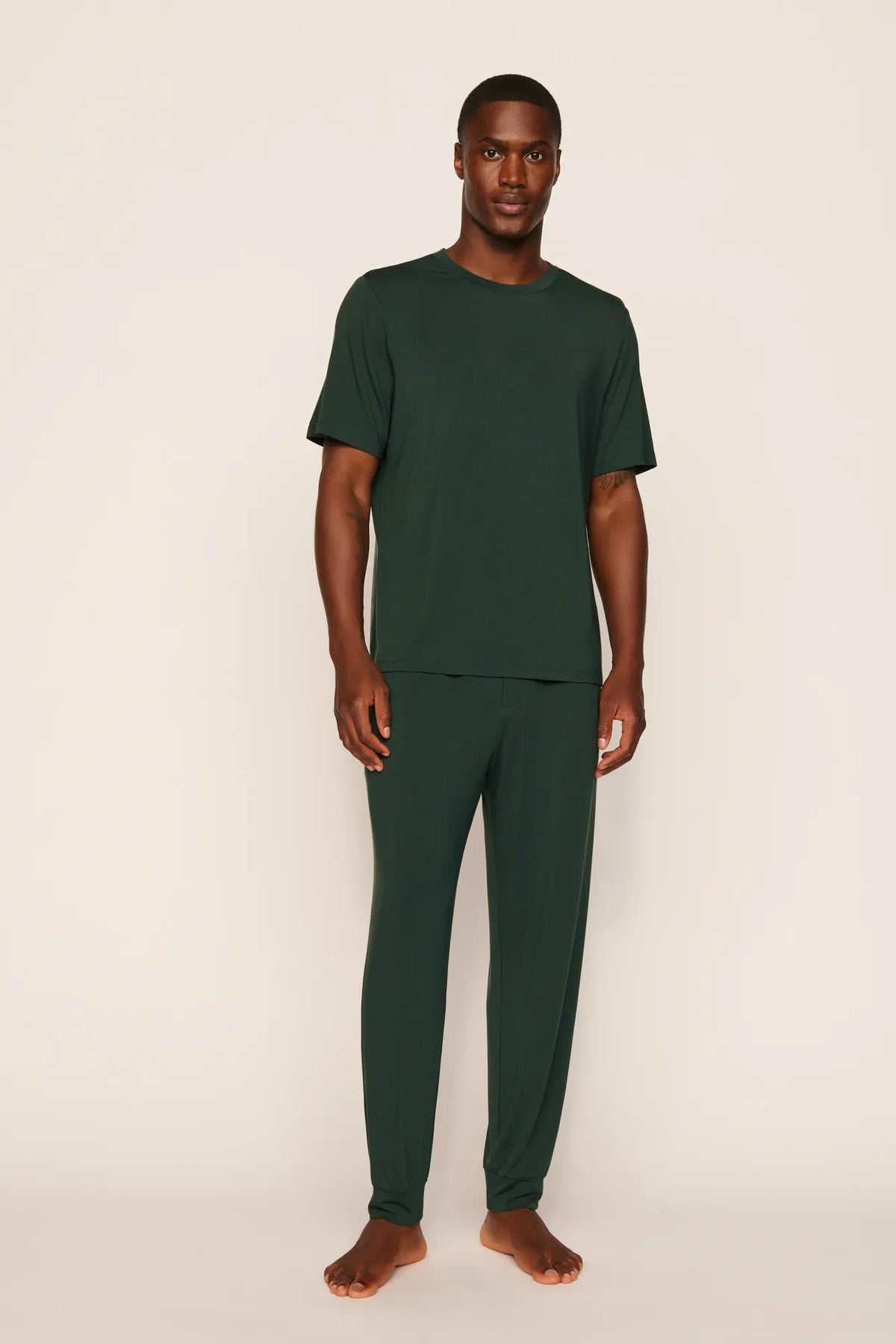 Model is wearing Henry TENCEL™ Modal Short Sleeve & Pant PJ Set in Pine