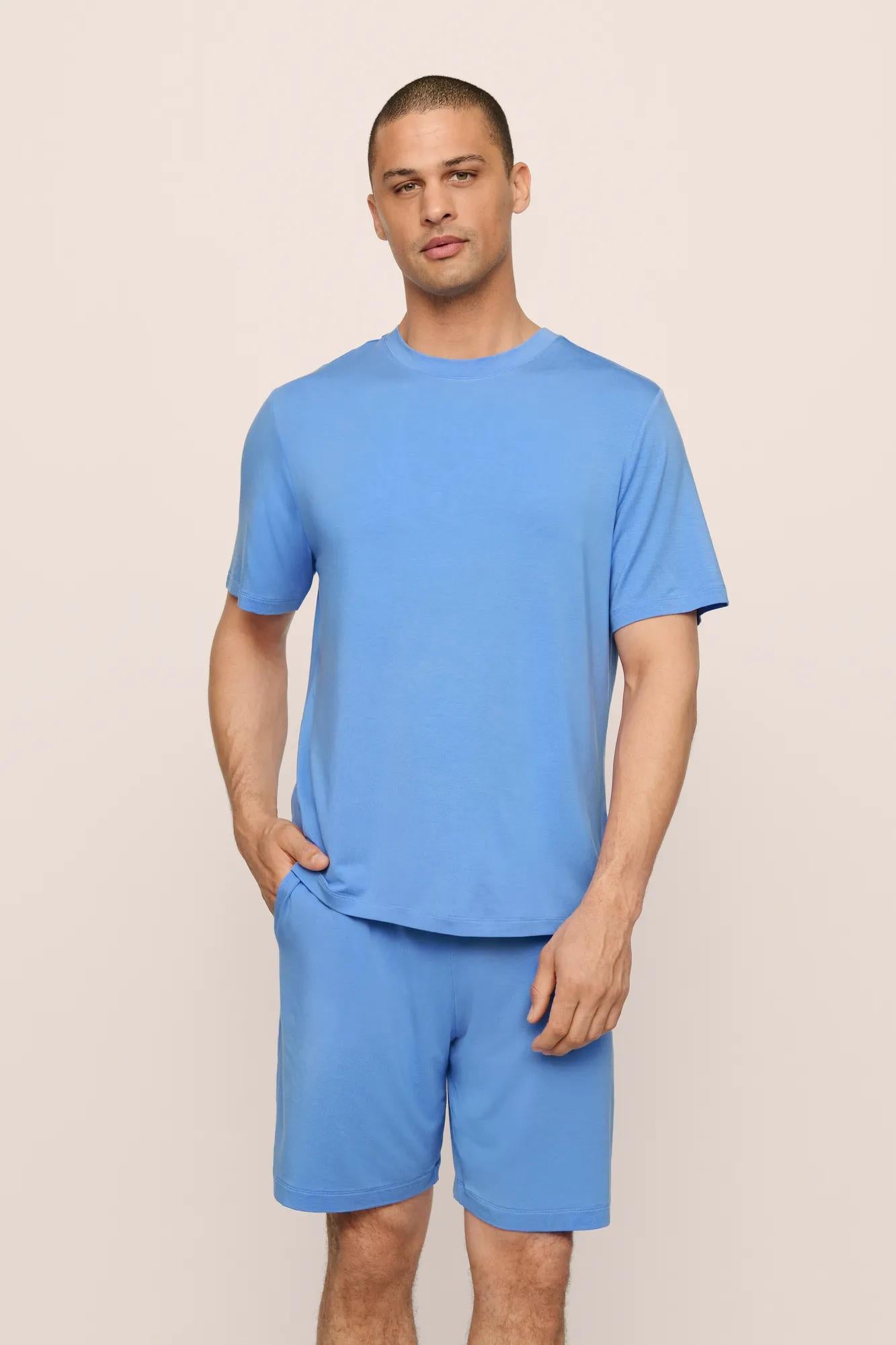 Model is wearing Henry TENCEL™ Modal Short PJ Set in CornflowerBlue