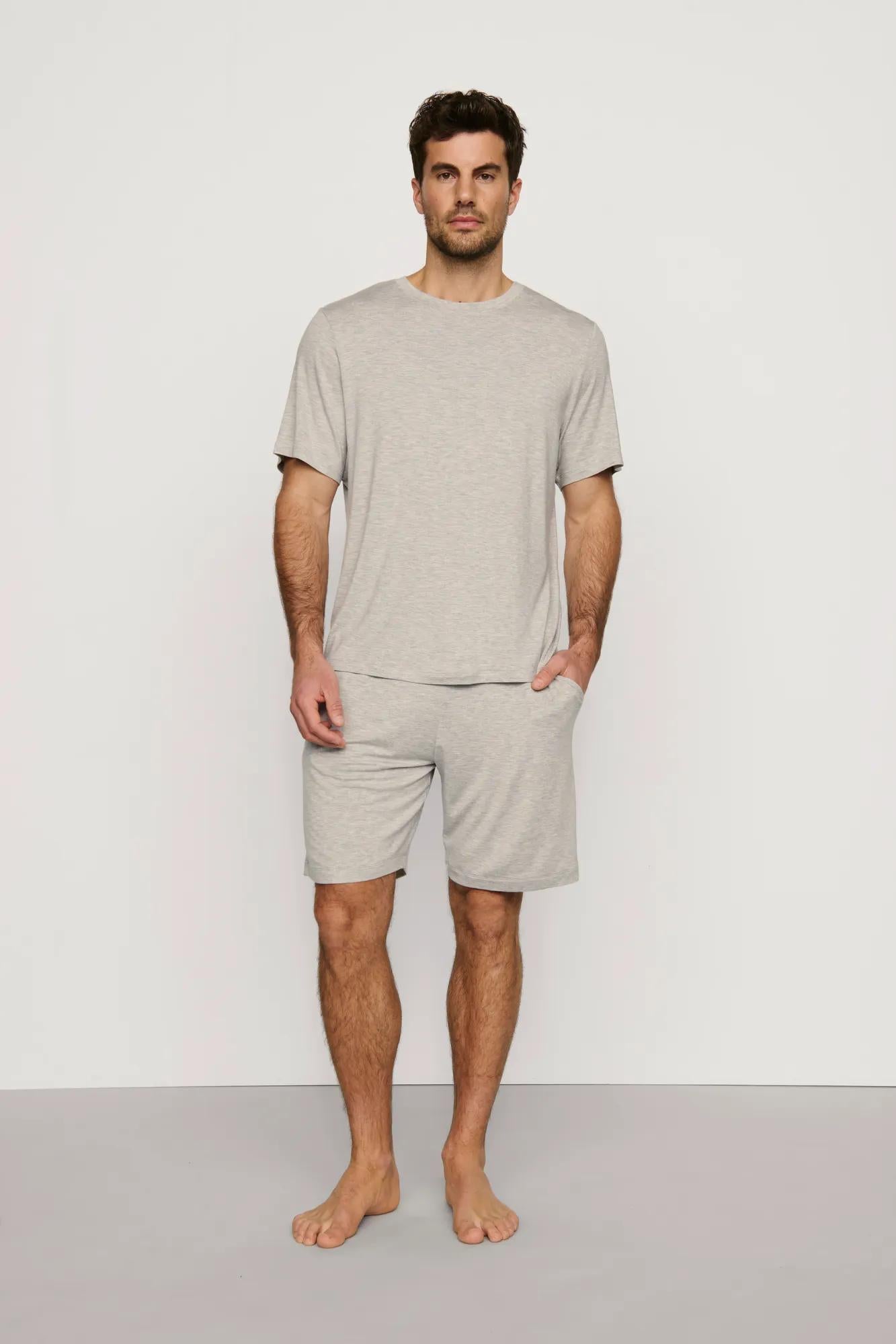 Model is wearing Henry TENCEL™ Modal Short PJ Set in Heather Grey
