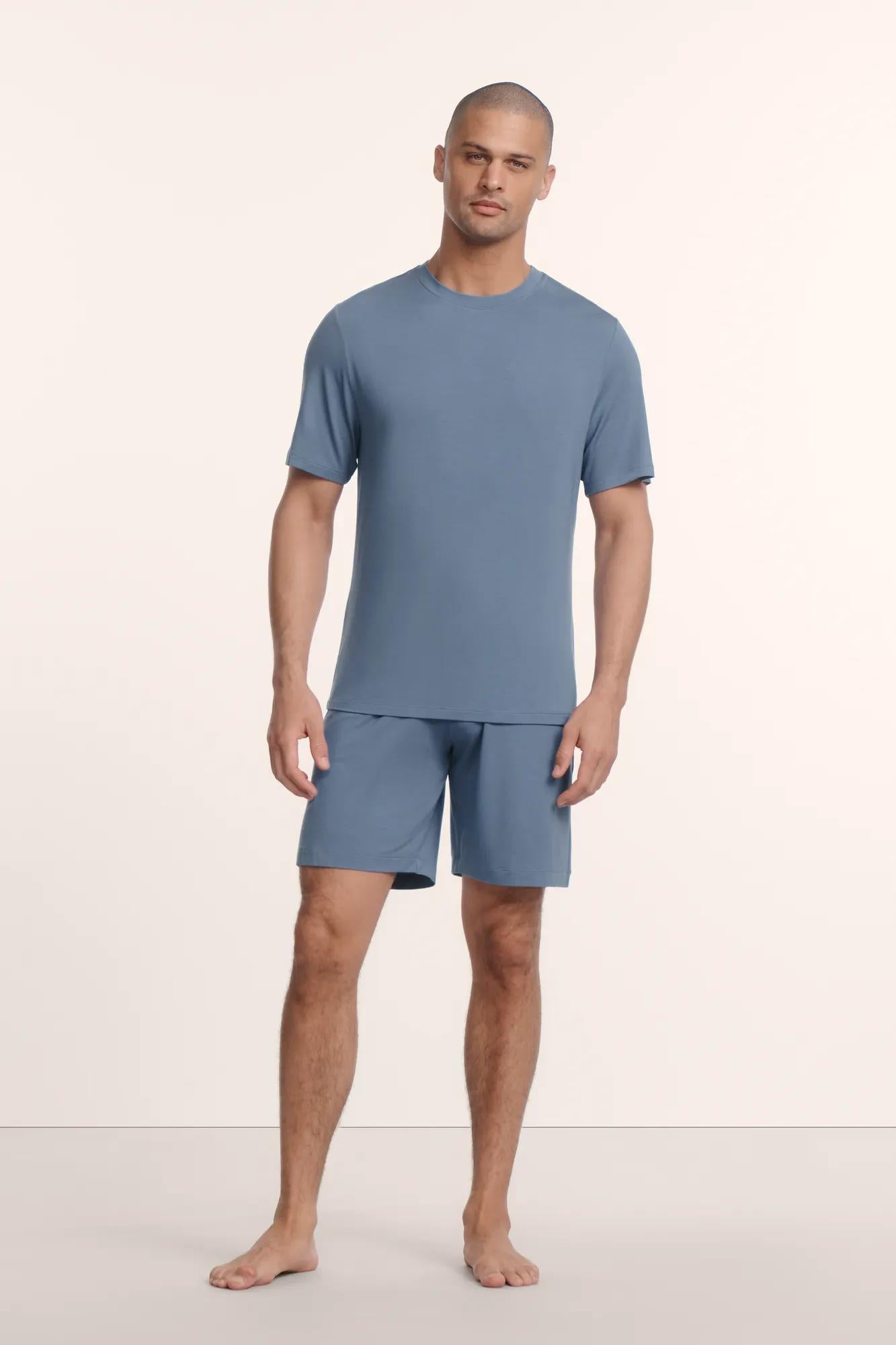 Model is wearing Henry TENCEL™ Modal Short PJ Set in Slate Blue