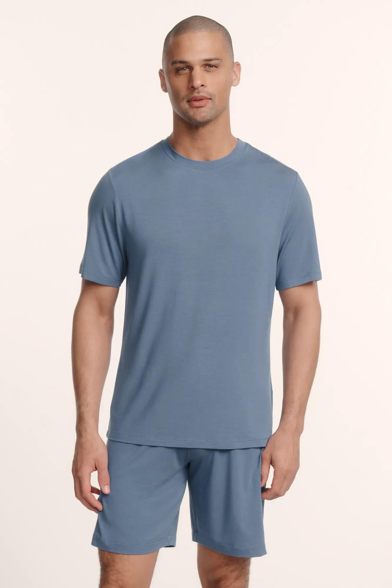 Model is wearing Henry TENCEL™ Modal Short PJ Set in Slate Blue