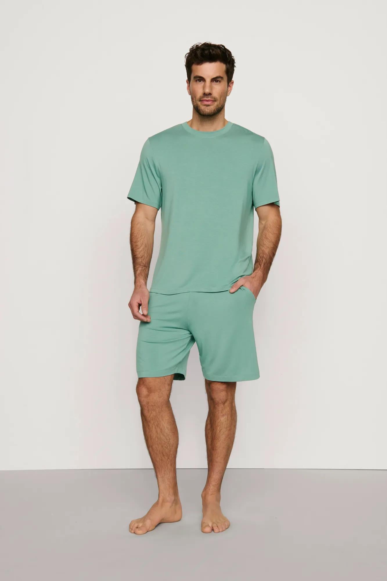 Model is wearing Henry TENCEL™ Modal Short PJ Set in Seagrass