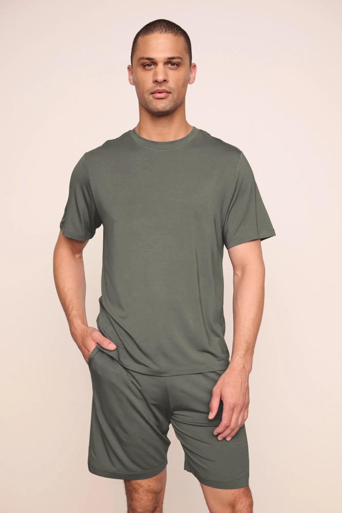 Model is wearing Henry TENCEL™ Modal Short PJ Set  in Smokey Olive