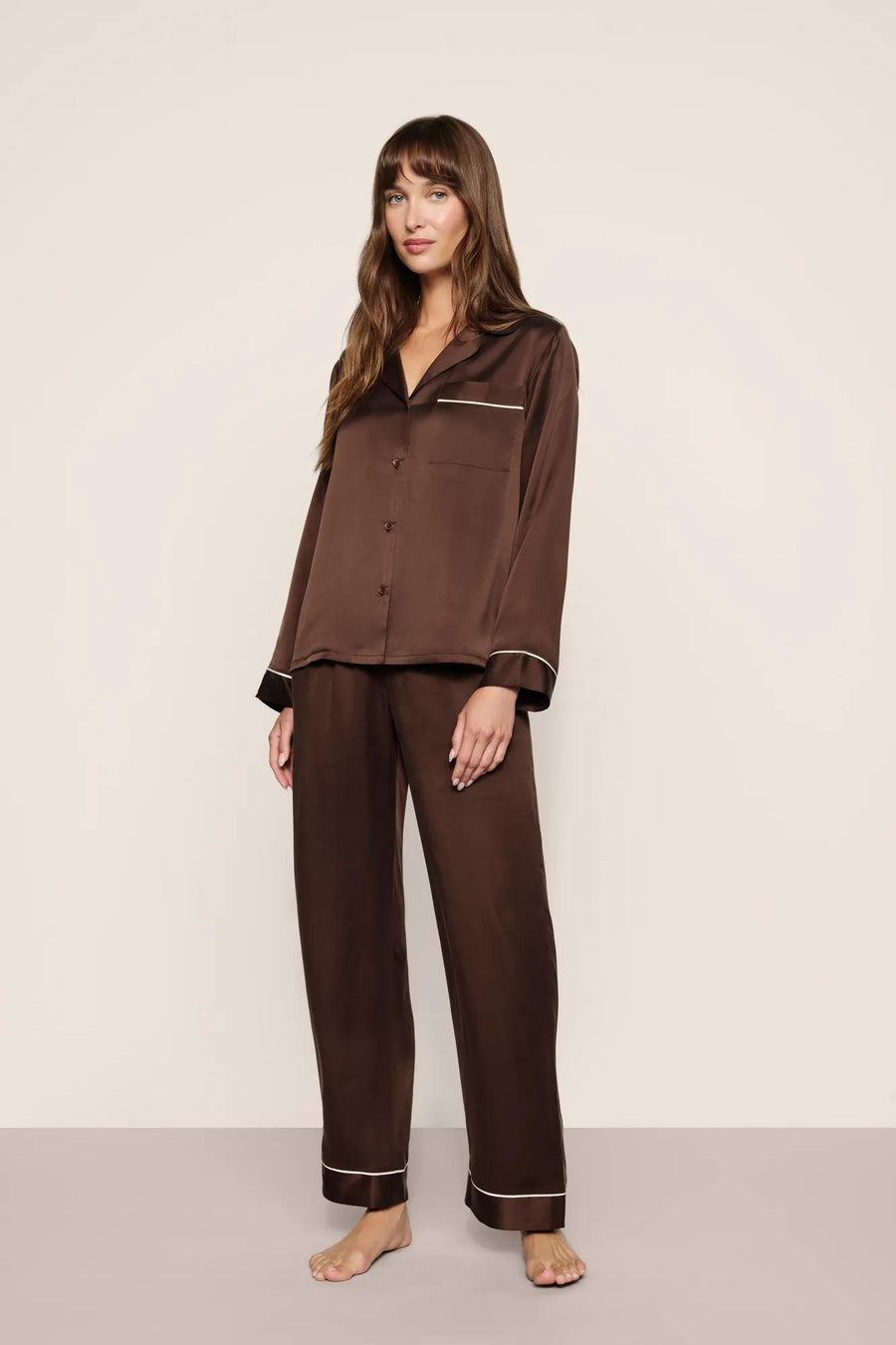 Inez Washable Silk Long PJ Set in Chocolate/Ivory