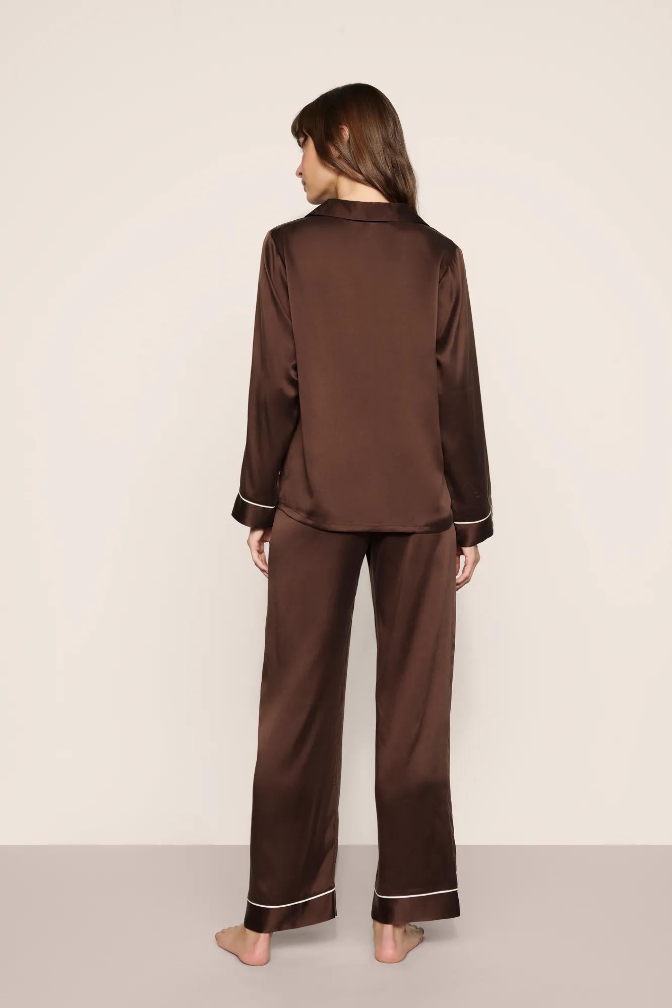 Model is wearing Inez Washable Silk Long PJ Set in Chocolate/Ivory