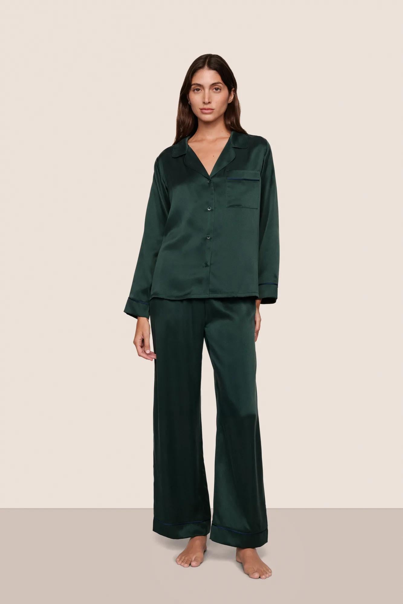 Model is wearing Inez Washable Silk Long PJ Set  in Pine/Navy
