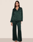 Model is wearing Inez Washable Silk Long PJ Set  in Pine/Navy